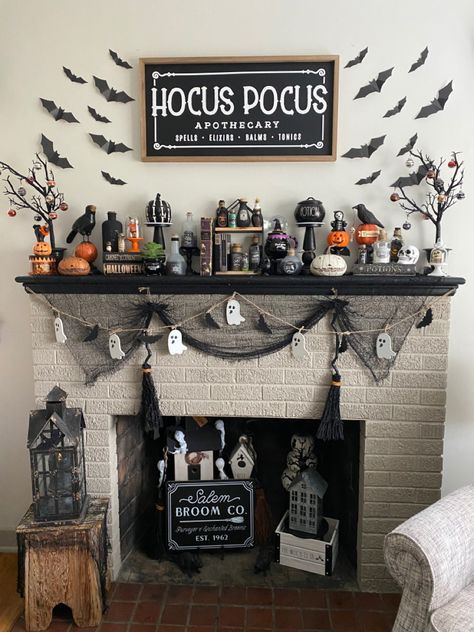 Hocus Pocus Living Room Decor, Hocus Pocus Mantle Decor, Chimney Halloween Decorations, Hocus Pocus Fireplace Decor, Hocus Pocus Halloween Decor Indoor, Halloween Chimney Decor, Halloween Tv Decor, Fireplace Halloween Decor, Halloween Mantles