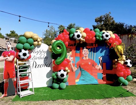 Cristiano Ronaldo balloon backdrop by ViewT balloons. #soccer #cr7 #balloons #portugal #birthdayparty #ninethbirthday Cristiano Ronaldo Birthday, Ronaldo Birthday, Cr7 Portugal, Soccer Theme Parties, Ronaldo Soccer, Cristiano Ronaldo Portugal, Soccer Birthday Parties, Soccer Theme, Birthday Party Decorations Diy