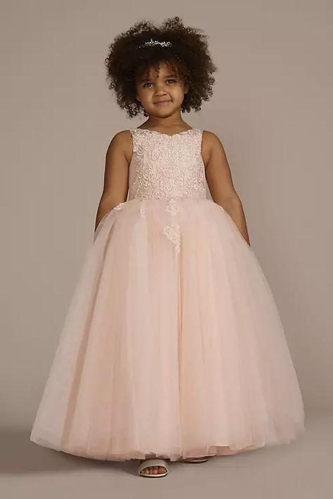 Peach Flower Girl Dress, Blush Flower Girl Dresses, Applique Flower, Blush Flowers, Peach Flowers, Bridesmaids And Groomsmen, Light Peach, Flower Girl Dress, Davids Bridal