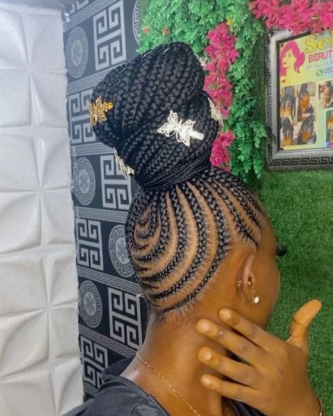 All Up Cornrow Hairstyles, Up Do Cornrow Hairstyles, Cornrowed Ponytail, Up In One Cornrow Braids, Medium Feed In Braids Ponytail, Braids In A Bun Black Women, Quick Braid Styles Black Hair With Weave, Hair Braided Into Ponytail, Fulani Braids Black Women