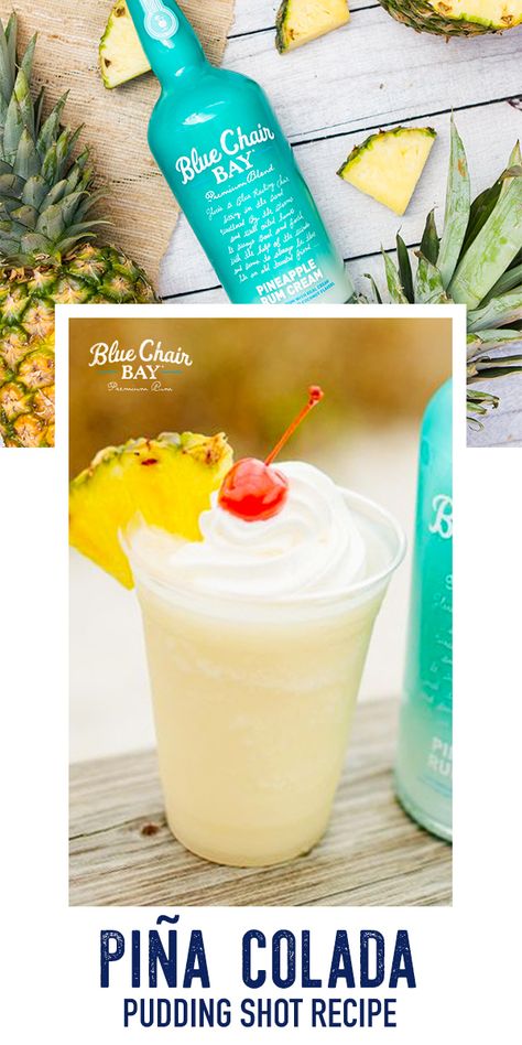 Bring the beach to your house with this yummy piña colada pudding shot recipe. This alcoholic dessert is just four ingredients!  Mix together in a bowl and divide into individual pudding cups.   #bluechairbay #pineapplerumcream #puddingshot Coconut Pudding Shots Alcoholic, Beach Pudding Shots, Pudding Shots With Malibu Rum, Superman Pudding Shots, Pina Colada Pudding Shots, Banana Colada, Snow Cones Recipes, Pudding Shot Recipes, Key Lime Rum Cream