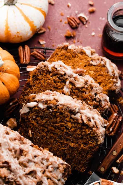 Pumpkin Bread is made in one-bowl with a full can of real pumpkin and plenty of cozy pumpkin spice. This tender & fluffy homemade pumpkin bread is topped with a crunchy brown sugar pecan streusel and a silky drizzle of maple glaze. Slice while piping hot from the oven for optimal fall bliss. Slices will disappear in a flash - good thing this recipe makes two loaves! Healthy Pumpkin Bread Recipe, Homemade Pumpkin Bread, Homemade Honey Butter, Honey Butter Chicken, Starbucks Pumpkin Bread, Healthy Pumpkin Bread, Pumpkin Pie Spice Mix, Pumpkin Chocolate Chip Bread, Homemade Pumpkin Puree