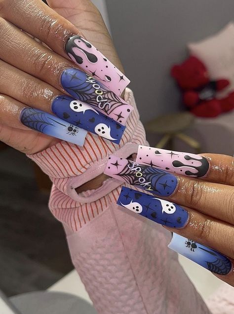 Halloween Nails Blue, Blue Halloween Nails, Scary Nails, Dark Blue Nails, Pretty Nail Designs, Dope Nail Designs, Unique Acrylic Nails, Acrylic Nails Coffin, Nails On Fleek