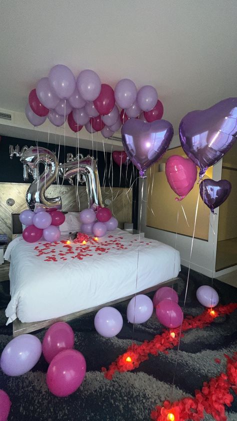 Our DIY hotel room decor kit is an affordable option, and still gives the luxurious look! No helium is needed for any of the latex balloons (only the foil balloons if you want them to float), glue dots are provided for the balloons to be placed on the ceiling. The standard package (only balloons) includes: * 60 latex balloons (ceiling and floor balloons) * 12 foil balloons * Letter balloon banner sign ("happy birthday") * 2 jumbo number balloon * Up to 2 colors * Glue dots The premium package (e Happy Birthday Hotel Room Decor, Birthday Hotel Room, Birthday Hotel, Birthday Room Surprise, Hotel Room Decor, Hotel Room Decoration, Happy Birthday 2, Diy Luxury, Balloon Ceiling