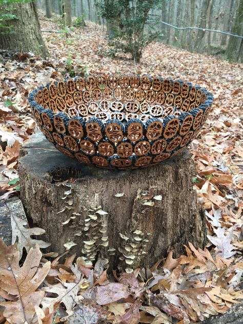 Bowl made from 156 black walnut shells by Jeff Roberts jeffroberts20@gmail.com Black Walnut Shell Crafts, Water Bottle Crafts Diy, Shell Crafts Kids, Nut Crafts, Walnut Shell Crafts, Water Bottle Crafts, Black Walnut Tree, Snowman Crafts Diy, How To Split