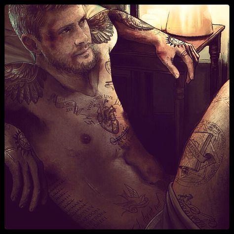 How freakin sexy is this drawing of Dean with tatts!?!? Oh my Dean!! Yummeh *Q* Covered In Tattoos, Supernatural Fan Art, Jensen Ackles Jared Padalecki, Supernatural Quotes, Sam And Dean Winchester, Perfect Face, Only Live Once, Supernatural Destiel, Jared And Jensen