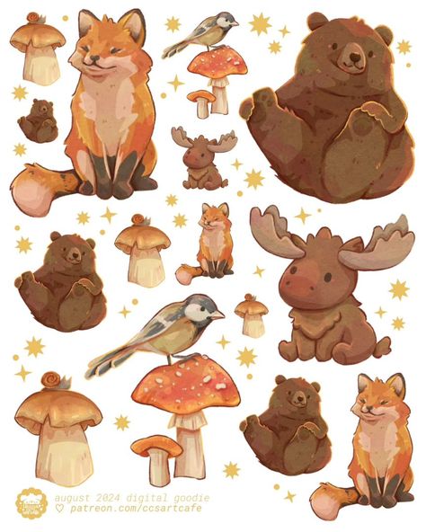 Forest friends 🩷🐾✨️ Had so much fun drawing the digital goodie for my patrons this month!! My favorite is the bear hehe 🐻 Forest Animals Illustration, Happy Doodles, Fox Card, Forest Drawing, Watercolour Ideas, Animal Reference, Storybook Art, Bear Drawing, Cute Bear Drawings