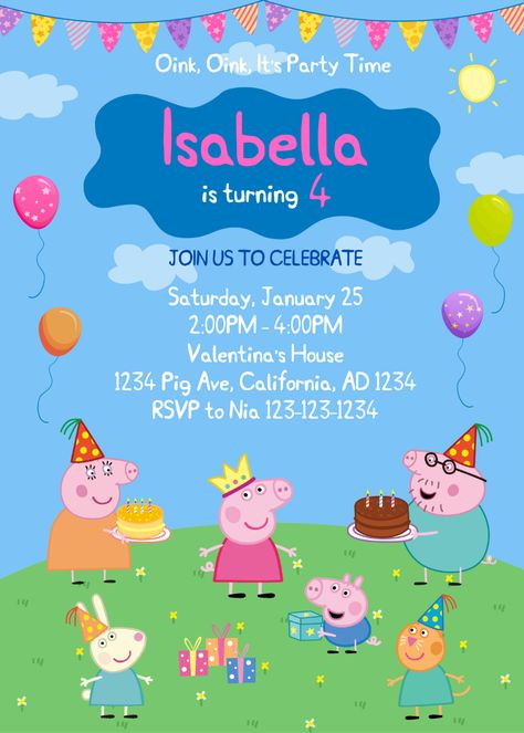 Peppa Pig Birthday Invtation Template CanvaThis is an editable Canva digital invitation. The template will be available for download after purchaseHOW IT WORKS1. Click "buy now"2. Checkout3. Once payment is confirmed, download the PDF file containing... Peppa Pig Birthday Party Invitations, Peppa Pig Invitation Template Free, Peppa Pig Birthday Party Cake, Peppa Pig Invitation, Peppa Pig Happy Birthday, Peppa Pig Birthday Decorations, Peppa Pig Birthday Party Decorations, Peppa Pig Invitations, Peppa Pig Birthday Invitations