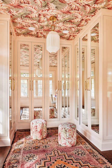 Pink Walk In Closet, Transitional Closet, Mirrored Wardrobe Doors, Gallery House, Pink Closet, Mirror Closet Doors, House Of Hackney, British Interior, Mirrored Wardrobe