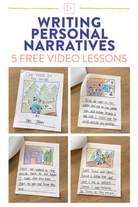 Teach your first grade students how to write personal narratives with these 5 easy steps. There are 5 video lessons directed towards students with modeled strategies to get your students working through the writing process from brainstorming through publishing. Writing Assessments Elementary, Teaching Personal Narrative 2nd Grade, Personal Narrative Project, Narrative Writing For First Grade, Personal Narratives First Grade, Personal Narrative Art Project, Personal Narrative First Grade, Writing Lessons For Second Grade, 1st Grade Writing Bulletin Board