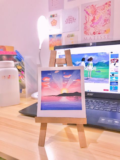 #aesthetic #minipainting #polaroidpainting #gouachepainting #himigouache #paintingideas #sunsetpainting #painting with diy easel💕 Easel Aesthetic, Diy Easel, Mini Easel, Sunrise Painting, Sunset Painting, Mini Paintings, Gouache Painting, Aesthetic Art, Painting Ideas