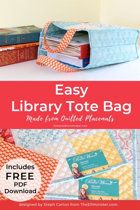 Learn How to Make a Cute Library Tote using Walmart Pioneer Woman quilted placemats. Easy Magazine Tote and fun Summer Library Bag. #quiltedtote #PioneerWoman #placematbag #MagazineTote #LibraryBag Placemat Crafts Sewing Projects, Placemat Crafts, Placemat Sewing, Cabin Update, Pioneer Woman Placemats, Cute Library, Sewn Projects, Library Tote Bag, Green Market