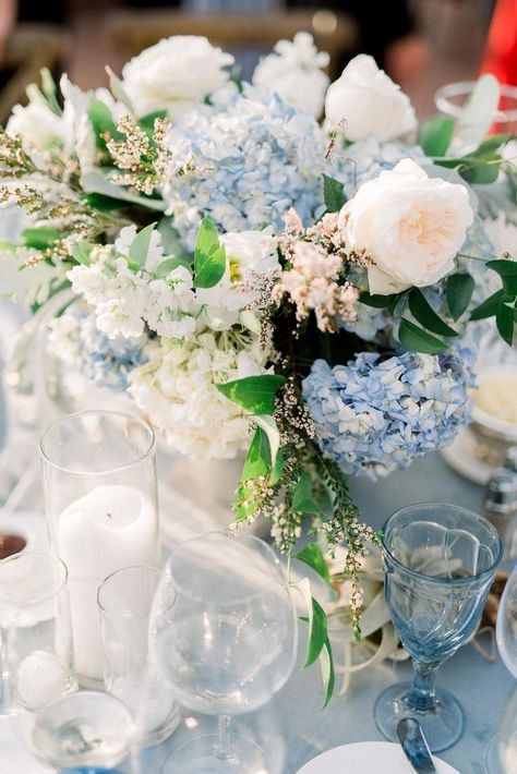 A Dreamy Dusty Blue Pelican Hill Wedding Teeming with Hydrangeas Dusty Blue Wedding Hydrangea, White Hydrangea With Blue Delphinium, Blue Hydrangea And White Roses Flower Arrangements, Pale Blue Hydrangea, Pelican Hill Wedding, Early Blue Hydrangea, Dusty Blue, Hydrangea, Style Me Pretty