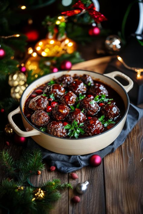 These sweet and savory Christmas meatballs, made with ground beef, port wine, and a rich sauce, are just what you need for your next holiday party! Christmas Crockpot Meatballs, Christmas Food Main Courses, Cooking With Port Wine, Holiday Meatball Appetizers, Holiday Meatballs Crockpot, Crockpot Meatballs Cranberry Sauce, Holiday Recipes Christmas Main Dishes, Cranberry Meatballs Recipe, Meatball In Crockpot