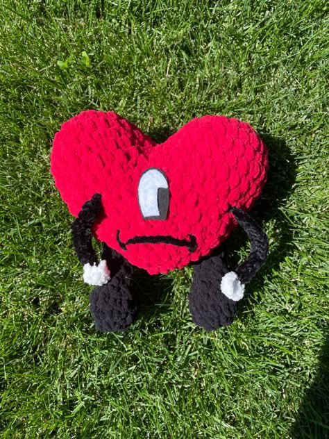 #crochet #heart #badbunny #benito #veranosinti #crochetplushie #plushie #red #plushieheart #crochettoy Crochet Bad Bunny Pattern, Bad Bunny Heart Crochet, Bad Bunny Party Theme Un Verano Sin Ti, Bad Bunny Crochet Pattern, Bad Bunny Plush, Crochet Heart Plush, Bad Bunny Crochet, Top Tejidos A Crochet, Learn Crochet Beginner