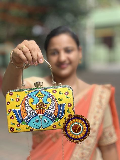 One of the kind unique, hand painted clutches hand painted bag , perfect way to add pop of colour to any outfit, gift for a women, personalised unique gift, wallets for women, hand crafted in India, Madhubani paint on women clutches. Customised as needed different Indian forms different shape of the clutches and pretty spacious to hold a big phones Painted Clutches, Canvas Sling Bag, Painted Purse, Kundan Bangles, Diy Clutch, Handpainted Bags, Free Hand Rangoli Design, Free Hand Rangoli, Painted Bags