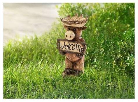 Sunjoy 12"x12"x12" Polyresin Welcome Moose Garden Statue - Brown Moose Decor, Outdoor Garden Statues, Gnome Statues, Happy Faces, Lawn Ornaments, Orange Tabby Cats, Outdoor Garden Decor, Cat Statue, Garden Statue