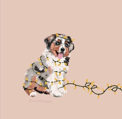 Australian Christmas Wallpaper, Aussie Wallpaper, Aussie Illustration, Aussie Drawing, Christmas Dog Wallpaper, Australian Shepherd Christmas, Corgi Art, Sweet Drawings, Aussie Christmas