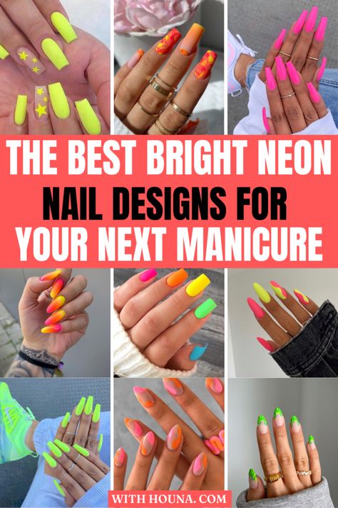 49 Bright Neon Nail Designs and Neon Nail Colors For Your Next Mani - With Houna Fruit Punch Nails, Neon Color Acrylic Nails, Orange Neon Nails Design, Pink And Yellow Neon Nails, Hot Pink And Neon Orange Nails, Short Square Neon Nails, Fluorescent Nail Designs, Neon Manicure Ideas, Neon Nail Ideas Summer 2023