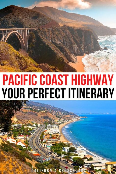 photo of the bixby creek bridge archway in big sur against the water; photo of a beach town along the pacific coast highway in Southern California. text reads 'pacific coast highway; your perfect itinerary' California Coastline Road Trip, Pacific Coast Highway Road Trip Itinerary, Pch Road Trip Itinerary, California Coast Road Trip Itinerary, Pacific Highway Road Trip, Highway 101 Road Trip California, Pch Roadtrip, Coastal Road Trip, San Francisco Road Trip