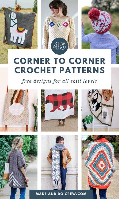 Don't miss this collection of free c2c crochet patterns, curated by Make and Do Crew. Using the corner to corner crochet stitch, you can make baby blankets, sweaters, pillows, hats, and more. We've included free graph patterns for home decor, clothing, and crochet accessories. Visit the blog and learn a new crochet technique with these tips and tricks for creating stunning c2c crochet projects. Corner To Corner Crochet Projects, What Is C2c Crochet, C2c Crochet Designs, Beginner C2c Crochet Pattern Free, C2c Patterns Graph, Free Corner To Corner Crochet Patterns, C2c Squares Patterns, C2c Graphgan Charts Free Easy, C2c Crochet Pattern Free Beginner