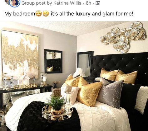 Black Gold And White Bedroom, Black White Gold Bedroom, Black White And Gold Bedroom, Black And Silver Bedroom, White Gold Bedroom, Luxury Dorm, Silver Bedroom Decor, Cream Bedroom Ideas, Grey And Gold Bedroom