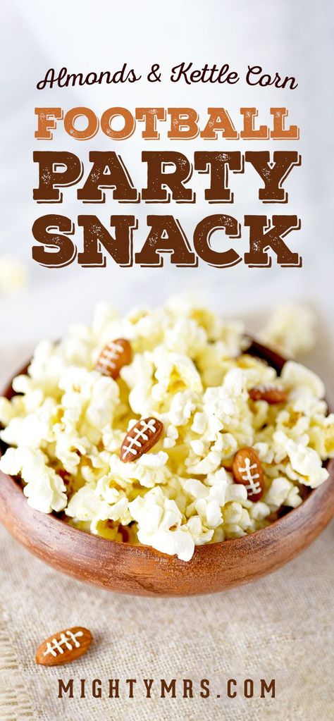 Football Almonds and Kettle Corn Party Snack - A fun, easy and light football party snack! Made festive by turning almonds into footballs using melted white chocolate chips. A super easy and football themed appetizer for taking to a tailgate or putting out in a bowl for a football party. #footballpartyfood #footballfood #football | ad Football Themed Appetizers, Football Themed Snacks, Halloween Themed Appetizers, Football Themed Food, Corn Party, Football Party Snacks, Football Recipes, Munchies Recipes, Seasoned Crackers