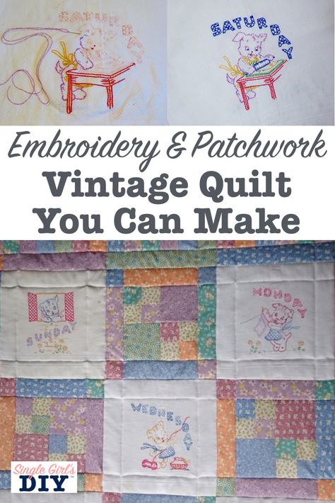 See how Grandmother's vintage embroidery work from the 1950s was repurposed into a beautiful patchwork quilt. Get inspired by these ideas and patterns to make your own family heirloom. Embroidery Quilts, Vintage Embroidery Transfers, Hungarian Embroidery, Chain Stitch Embroidery, Easy Embroidery, Heirloom Quilt, Redwork Embroidery, Embroidered Quilts, Linen Quilt