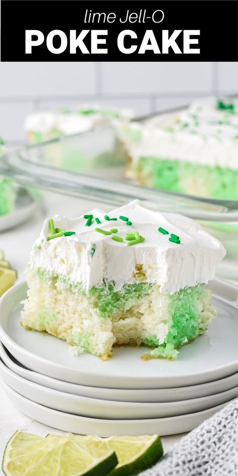 Lime Jello Poke Cake Lime Poke Cake Recipe, St Patrick’s Poke Cake, Lime Jello Poke Cake Recipe, Lime Poke Cake Jello, Lime Jello Cake Recipe, St Patrick’s Day Poke Cake, Lime Jello Recipes Desserts, Lemon Lime Poke Cake, Summer Jello Desserts