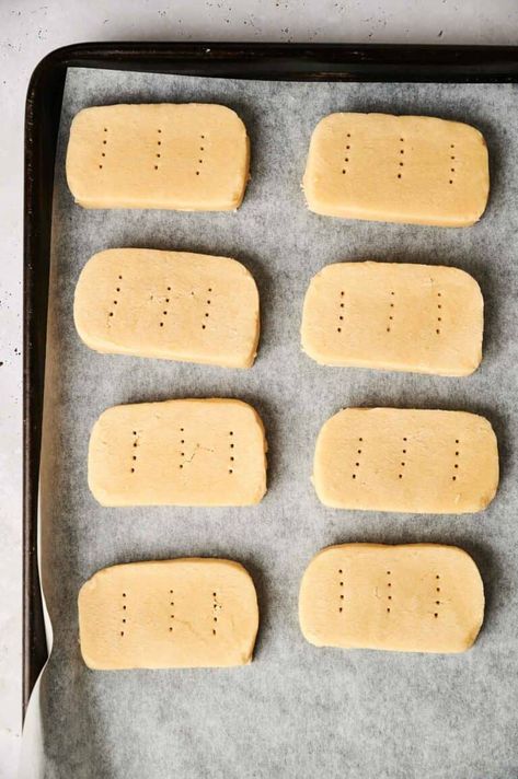 A baking tray lined with parchment paper holds eight uncooked rectangular shortbread cookies, each with small holes delicately poked on their surface. Corn Starch Shortbread Cookie Recipes, Simple Shortbread Cookies, Small Batch Shortbread Cookies, Homemade Shortbread, Shortbread Cookies Easy, Short Bread, Buttery Shortbread Cookies, Buttery Shortbread, Lemon Blueberry Muffins