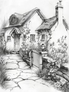 Sketches House, Sketches Landscape, Barn Drawing, Cottage Drawing, Pencil Sketches Landscape, Cottagecore House, Riverside Cottage, Woodland Cottage, Forest Cottage