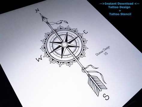 <3 Compass Rose and Arrow Tattoo Design and Stencil/Template - Instant Digital Download - La Rose Des Vents Tattouage - Tattoo Permit https://etsy.me/3Chb0Ab #compassrose #compassrosetattoo #femalecompassrose #compassandarrowtattoo #arrowtattoo #tattooforwomen Rose Tattoo Stencil, Compass Rose Tattoo, Lotus Flower Tattoo Design, Arrow Tattoo Design, Arrow Art, Cool Stencils, Tattoo Templates, Arrow Tattoo, Skeleton Hand Tattoo