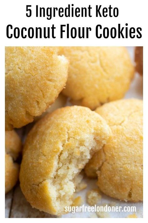 These are the best easy keto coconut flour cookies! With only 5 basic ingredients, this fail-safe low carb coconut cookies recipe is ready in just 20 minutes. We're talking soft, moist sugar free cookie heaven with a gentle crunch. Simple, mouthwatering snack-time goodness! #ketocookies #coconutflourcookies #sugarfreecookies #healthycookies Coconut Flour Butter Cookies, Keto Recipes Using Coconut Flour, Coconut Flower Recipes Baking, Recipes Ground Chicken, Coconut Flour Desserts, Sugar Free Cookie, Recipes Using Coconut Flour, Postres Keto, Coconut Flour Cookies