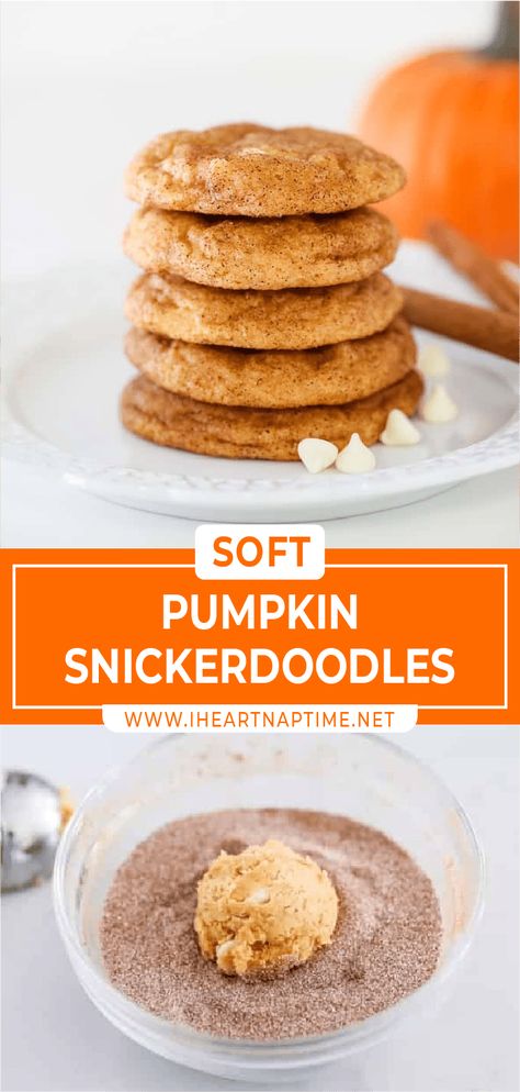 Soft and chewy pumpkin snickerdoodles loaded with white chocolate chips. All of the best fall flavors in one deliciously baked cookie! Easy Snickerdoodle Recipe, Pumpkin Snickerdoodles, Pumpkin Cookie Recipe, Easy Holiday Desserts, Snickerdoodle Recipe, Classic Cookies, Delicious Pumpkin, Köstliche Desserts, Pumpkin Cookies