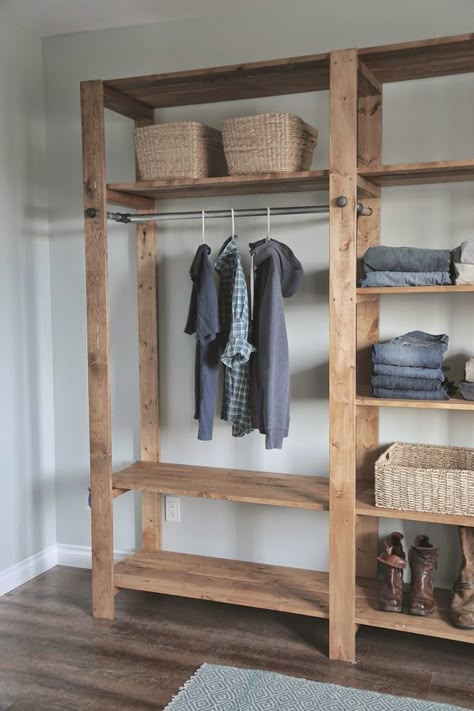 Build a Industrial Style Wood Slat Closet System with Galvanized Pipes  [ Barndoorhardware.com ] #DIY #hardware #slidingdoor Wood Closet Shelves, Open Closet, Closet Shelves, Diy Closet, Closet System, Closet Organizer, Closet Bedroom, Closet Ideas, Wood Shelves