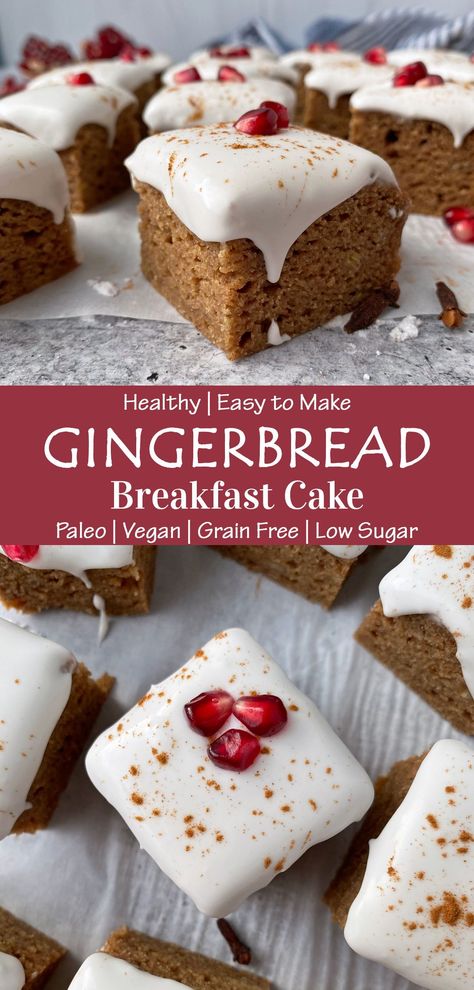 This Healthy Vegan Gingerbread Cake is moist, fluffy, soft and flavorful. It is only sweetened with banana and molasses, gluten free, dairy free, egg free and Paleo friendly. This is the best banana gingerbread cake recipe - healthy enough for breakfast, but tasty enough for dessert. #gingerbreadcake #breakfastcake #paleo #vegan #cassavaflour Banana Gingerbread, Gingerbread Cake Recipe, Cake Gluten Free, Gluten Free Gingerbread, Vegan Gingerbread, Paleo Baking, Gluten Free Christmas, Paleo Sweets, Gingerbread Cake