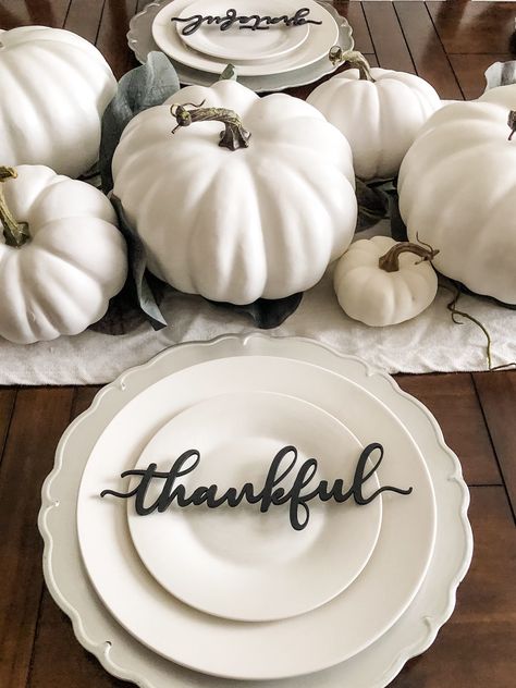 Thankful, Grateful, Blessed, and Gather Word Signs, Fall Dining Table Decor, Plate Ornament, Thanksgiving Decoration, Farmhouse Style by PottsUpscaledDesigns on Etsy Fall Dining Table Decor, Thanksgiving Decorations Outdoor, Farmhouse Table Setting, Fall Dining Table, Place Settings Thanksgiving, Thanksgiving Plates, Thanksgiving Napkins, Thanksgiving Place Cards, Autumn Dining