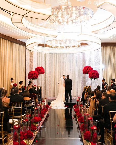 Just a touch of red. The black and gold keep it glam and those crystal drops are dramatic!  Las Vegas Wedding Planner @andreaeppolito  Photo @j.annephotography  Decor @dbdweddings  Venue @mo_lasvegas Red And Black Wedding Ceremony, Red And Black Wedding Arch, Red Black And Gold Wedding Receptions, Wedding Venues Red And Gold, Luxury Red Sets For Ceremony, Blue Wedding Dress Royal, Diy Vases, Church Aisle, Black Red Wedding