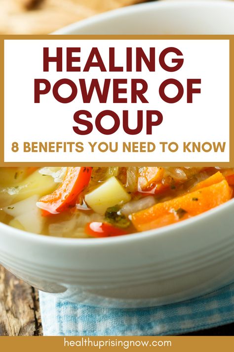 The benefits of eating soup are many. Soup made with bone broth is good for joints, gut health and hair. Soup is better than Gatorade for replenishing lost fluids due to vomiting and diarrhea. And eating soup for an upset stomach will help you get much needed nutrients because it’s light and better tolerated than solid food. benefits of soup | health benefits of soup | why soup | is soup healthy | healthy living tips Healing Soup Recipes, Soup Benefits, Benefits Of Gelatin, Benefits Of Chicken, Stomach Virus, Healing Soup, Cream Soup Recipes, Food Benefits, Soup Healthy