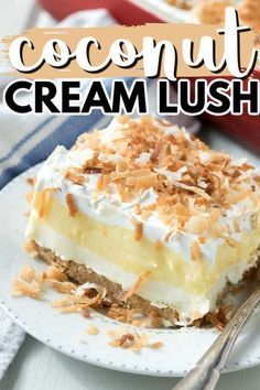 This Coconut Cream Lush recipe is light, creamy and filled with coconut pudding deliciousness. It's a cream cheese layered one-pan dessert that's perfect for your next potluck! #coconutpudding #lushdesserts #lasagnadesserts #dessertlasagna #summerdessert #potluckdesserts #onepandesserts #easydesserts #puddingdesserts #nobake #nobakedesserts #amandascookin Coconut Cream Lush, Lush Cake, Lush Recipes, Coconut Cream Pie Recipes, Layered Dessert, Chilled Desserts, Fluff Desserts, Coconut Pudding, Coconut Desserts