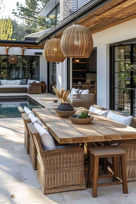 Outdoor Dining Table Ideas Backyards, Dining Deck Ideas, Deck With Table And Seating Area, Outdoor Inspo Backyards, Pool Dining Area, California Rooms Outdoor, Outdoor Deck Dining, Backyard Table Ideas, Large Outdoor Patio Ideas