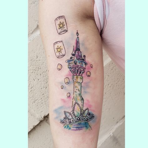 Tangled tower tattoo lanterns crown watercolor detail disney Disney Tangled Tattoo, Rapunzel Tattoo, Matching Disney Tattoos, Cute Disney Tattoos, Tower Tattoo, Tangled Tower, Watercolor Tattoo Sleeve, Disney Sleeve Tattoos, Lantern Tattoo