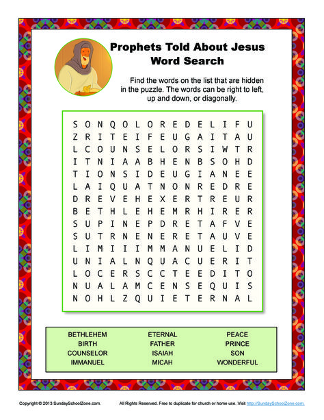 Prophets Told About Jesus’ Birth Word Search Bible Lesson Activities, Jam Ideas, Sunday School Worksheets, Cross Word, Isaiah Bible, Class Crafts, Bible Word Searches, Jesus Crafts, Lesson Activities