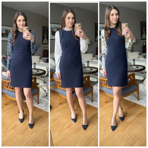 Pairing a long sleeve blouse under a sheath dress creates a simple but polished look for the office! Dress Winter Outfit, Office Outfit Ideas, Winter Dress Outfits, Dress Winter, Office Outfit, Navy Dress, Office Outfits, Winter Outfit, Winter Dresses