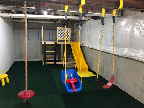 Playground In Basement, Basement Playground, Unfinished Basement Playroom, Basement Play Area, Dayhome Ideas, Kids Playroom Basement, Playroom Basement, Unfinished Basement Ceiling, Sport Center