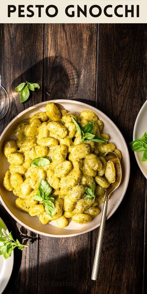 This recipe for Pesto Gnocchi is both comforting and bursting with flavor. The combination of pillowy soft gnocchi with a vibrant green creamy pesto sauce is one that you are going to love! Recipe For Pesto, Pesto Gnocchi, Cozy Winter Recipes, Creamy Pesto Sauce, Homemade Gnocchi, Creamy Pesto, Food Substitutions, Gnocchi Recipes, Yummy Pasta Recipes