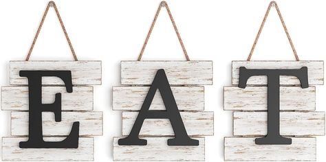 Wooden eat sign - Welcome family and friends into your kitchen or dining space with our charming wooden eat sign. Each letter is displayed on its own individual tile; they can be arranged in a variety of ways to fit your home’s unique space! Kitchen wall decor accent - Our rustic eat signs will surely evoke the warm feel of farmhouse life into your home. A great accent piece to display next to a giant wooden fork and spoon. Hang it at your next family gathering to add cheerful look! French Nursery Decor, Eat Kitchen Sign, Cottage Wall Decor, Eat Sign, Plate Wall Art, Kitchen Decorations, Wall Decor Kitchen, Country Wall Art, Kitchen Decor Wall Art