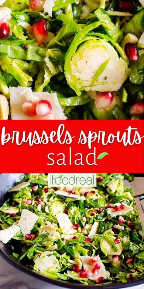 Elegant Brussels Sprouts Salad with thinly sliced brussels, fresh spinach, toasted almonds, Parmesan cheese shavings, and lemon garlic dressing. The flavor combination is so outstanding you will be craving it all year long, not just at the holidays! Festive Salad, Shaved Brussel Sprout Salad, Brussel Sprout Salad Recipes, Salad With Pomegranate, Shaved Brussel Sprouts, Brussels Sprout Salad, Brussels Sprouts Salad, Garlic Dressing, Keto Salads