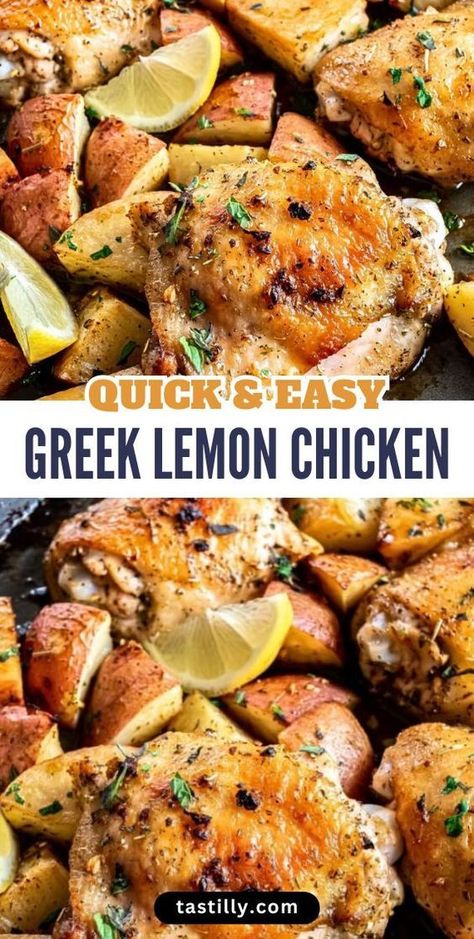 Zesty, herby, and easy to prepare, this Greek Lemon Chicken will be a family favorite! With just 10 minutes of prep time, this dish is marinated in lemon juice, olive oil, garlic, and herbs, then roasted with potatoes for a complete meal. Perfect for busy weeknights or meal prep. Try it today! #GreekLemonChicken #EasyDinners #OnePanMeals #LemonChicken #QuickRecipes Greek Chicken Drumstick Recipes, Easy Greek Lemon Chicken, Garlic Lemon Herb Mediterranean Chicken, Lemony Chicken And Potatoes, Lemon Garlic Chicken And Potatoes, Lemon Roasted Chicken And Potatoes, Grilled Chicken And Potatoes Recipes, One Pan Greek Lemon Chicken And Potatoes, Ttc Meals