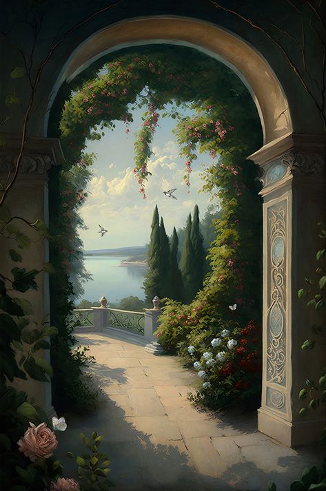 Nature Oil Painting Aesthetic, How To Paint A Tree On A Wall, Old Oil Paintings Aesthetic, Old Flower Painting, Oil Paint Aesthetic, Archway Painting, Mansion Painting, Old House Painting, Old Balcony